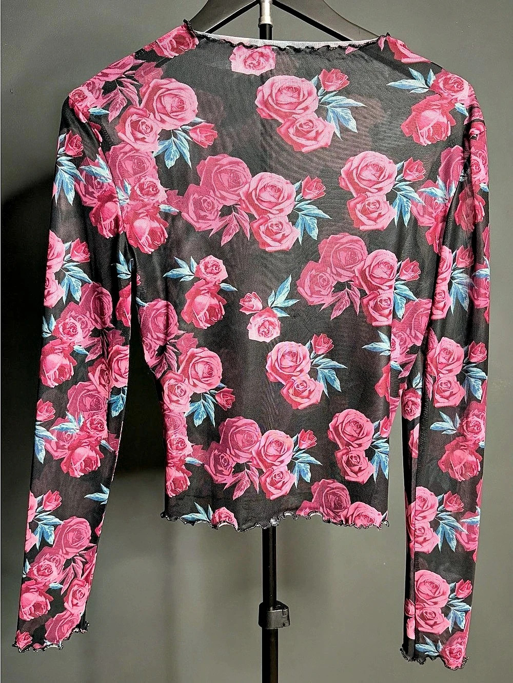 Sheer Black and pink rose top size small
